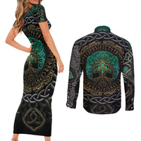 Viking Couples Matching Short Sleeve Bodycon Dress and Long Sleeve Button Shirts Cyan Valknut and Yggdrasil - Wonder Print Shop