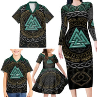Viking Family Matching Long Sleeve Bodycon Dress and Hawaiian Shirt Cyan Valknut and Yggdrasil - Wonder Print Shop