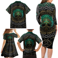 Viking Family Matching Long Sleeve Bodycon Dress and Hawaiian Shirt Cyan Valknut and Yggdrasil - Wonder Print Shop