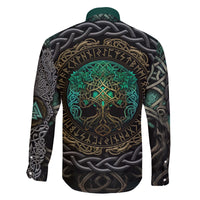 Viking Family Matching Long Sleeve Bodycon Dress and Hawaiian Shirt Cyan Valknut and Yggdrasil - Wonder Print Shop