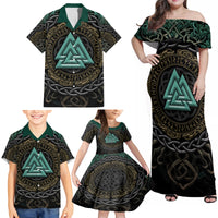 Viking Family Matching Off Shoulder Maxi Dress and Hawaiian Shirt Cyan Valknut and Yggdrasil - Wonder Print Shop