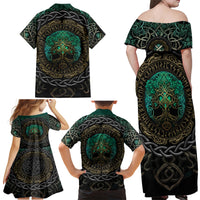 Viking Family Matching Off Shoulder Maxi Dress and Hawaiian Shirt Cyan Valknut and Yggdrasil - Wonder Print Shop