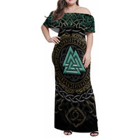 Viking Family Matching Off Shoulder Maxi Dress and Hawaiian Shirt Cyan Valknut and Yggdrasil - Wonder Print Shop