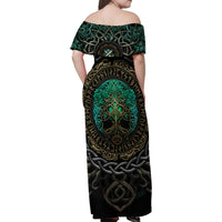 Viking Family Matching Off Shoulder Maxi Dress and Hawaiian Shirt Cyan Valknut and Yggdrasil - Wonder Print Shop