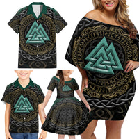 Viking Family Matching Off Shoulder Short Dress and Hawaiian Shirt Cyan Valknut and Yggdrasil - Wonder Print Shop
