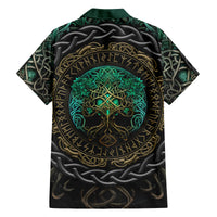 Viking Family Matching Off Shoulder Short Dress and Hawaiian Shirt Cyan Valknut and Yggdrasil - Wonder Print Shop