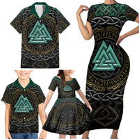 Viking Family Matching Short Sleeve Bodycon Dress and Hawaiian Shirt Cyan Valknut and Yggdrasil - Wonder Print Shop