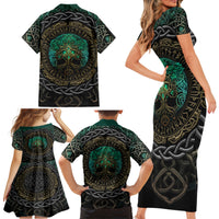 Viking Family Matching Short Sleeve Bodycon Dress and Hawaiian Shirt Cyan Valknut and Yggdrasil - Wonder Print Shop