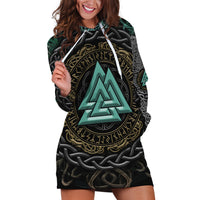 Viking Hoodie Dress Cyan Valknut and Yggdrasil - Wonder Print Shop