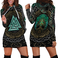 Viking Hoodie Dress Cyan Valknut and Yggdrasil - Wonder Print Shop