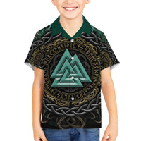 Viking Kid Hawaiian Shirt Cyan Valknut and Yggdrasil - Wonder Print Shop