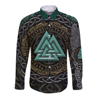 Viking Long Sleeve Button Shirt Cyan Valknut and Yggdrasil - Wonder Print Shop