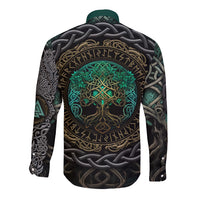 Viking Long Sleeve Button Shirt Cyan Valknut and Yggdrasil - Wonder Print Shop