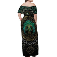 Viking Off Shoulder Maxi Dress Cyan Valknut and Yggdrasil - Wonder Print Shop