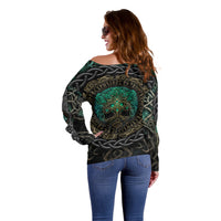 Viking Off Shoulder Sweater Cyan Valknut and Yggdrasil - Wonder Print Shop