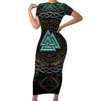Viking Short Sleeve Bodycon Dress Cyan Valknut and Yggdrasil - Wonder Print Shop