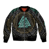 Viking Sleeve Zip Bomber Jacket Cyan Valknut and Yggdrasil - Wonder Print Shop
