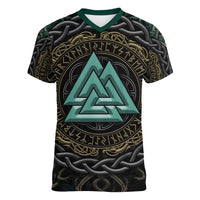 Viking Women V Neck T Shirt Cyan Valknut and Yggdrasil - Wonder Print Shop