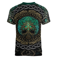Viking Women V Neck T Shirt Cyan Valknut and Yggdrasil - Wonder Print Shop