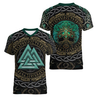 Viking Women V Neck T Shirt Cyan Valknut and Yggdrasil - Wonder Print Shop