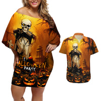 Happy Halloween Party Couples Matching Off Shoulder Short Dress and Hawaiian Shirt - Wonder Print Shop
