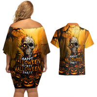 Happy Halloween Party Couples Matching Off Shoulder Short Dress and Hawaiian Shirt - Wonder Print Shop