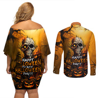 Happy Halloween Party Couples Matching Off Shoulder Short Dress and Long Sleeve Button Shirts - Wonder Print Shop