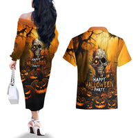 Happy Halloween Party Couples Matching Off The Shoulder Long Sleeve Dress and Hawaiian Shirt - Wonder Print Shop