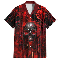 Red and black Hawaiian shirt with skull graphic and button-front collar