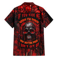 Red and black Hawaiian shirt with back text and skull graphic on front panel