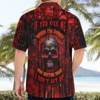 Red and black Hawaiian shirt with back text and central skull graphic