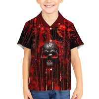Kids red and black Hawaiian shirt with skull graphic and front text