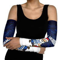 El Salvador Christmas Arm Sleeves with Santa Claus Turkey Fireworks Palm Trees and National Emblem Design - Wonder Print Shop