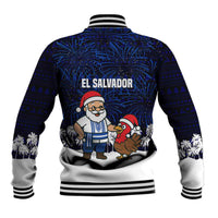 El Salvador Christmas Baseball Jacket with Santa Claus Turkey Fireworks Palm Trees and National Emblem Design - Wonder Print Shop
