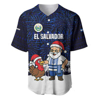 El Salvador Christmas Baseball Jersey with Santa Claus Turkey Fireworks Palm Trees and National Emblem Design - Wonder Print Shop