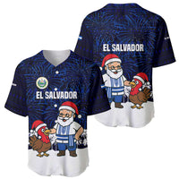 El Salvador Christmas Baseball Jersey with Santa Claus Turkey Fireworks Palm Trees and National Emblem Design - Wonder Print Shop