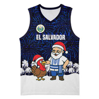 El Salvador Christmas Basketball Jersey with Santa Claus Turkey Fireworks Palm Trees and National Emblem Design - Wonder Print Shop