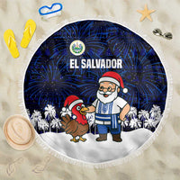 El Salvador Christmas Beach Blanket with Santa Claus Turkey Fireworks Palm Trees and National Emblem Design - Wonder Print Shop