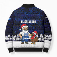 El Salvador Christmas Bomber Puffer Jacket with Santa Claus Turkey Fireworks Palm Trees and National Emblem Design - Wonder Print Shop