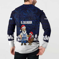 El Salvador Christmas Button Sweatshirt with Santa Claus Turkey Fireworks Palm Trees and National Emblem Design - Wonder Print Shop