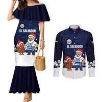 El Salvador Christmas Couples Matching Mermaid Dress and Long Sleeve Button Shirt with Santa Claus Turkey Fireworks Palm Trees and National Emblem Design - Wonder Print Shop