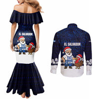 El Salvador Christmas Couples Matching Mermaid Dress and Long Sleeve Button Shirt with Santa Claus Turkey Fireworks Palm Trees and National Emblem Design - Wonder Print Shop