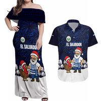 El Salvador Christmas Couples Matching Off Shoulder Maxi Dress and Hawaiian Shirt with Santa Claus Turkey Fireworks Palm Trees and National Emblem Design - Wonder Print Shop