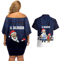 El Salvador Christmas Couples Matching Off Shoulder Short Dress and Hawaiian Shirt with Santa Claus Turkey Fireworks Palm Trees and National Emblem Design - Wonder Print Shop