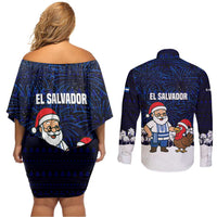 El Salvador Christmas Couples Matching Off Shoulder Short Dress and Long Sleeve Button Shirt with Santa Claus Turkey Fireworks Palm Trees and National Emblem Design - Wonder Print Shop