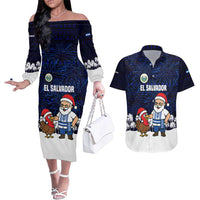 El Salvador Christmas Couples Matching Off The Shoulder Long Sleeve Dress and Hawaiian Shirt with Santa Claus Turkey Fireworks Palm Trees and National Emblem Design - Wonder Print Shop