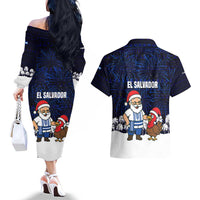El Salvador Christmas Couples Matching Off The Shoulder Long Sleeve Dress and Hawaiian Shirt with Santa Claus Turkey Fireworks Palm Trees and National Emblem Design - Wonder Print Shop