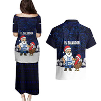 El Salvador Christmas Couples Matching Puletasi and Hawaiian Shirt with Santa Claus Turkey Fireworks Palm Trees and National Emblem Design - Wonder Print Shop