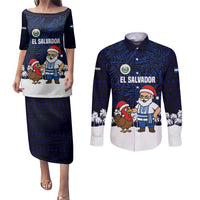El Salvador Christmas Couples Matching Puletasi and Long Sleeve Button Shirt with Santa Claus Turkey Fireworks Palm Trees and National Emblem Design - Wonder Print Shop