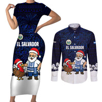 El Salvador Christmas Couples Matching Short Sleeve Bodycon Dress and Long Sleeve Button Shirt with Santa Claus Turkey Fireworks Palm Trees and National Emblem Design - Wonder Print Shop